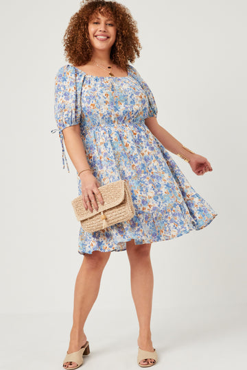 HN4540 BLUSH Womens Floral Cinch Waist Smocked Back Dress Front
